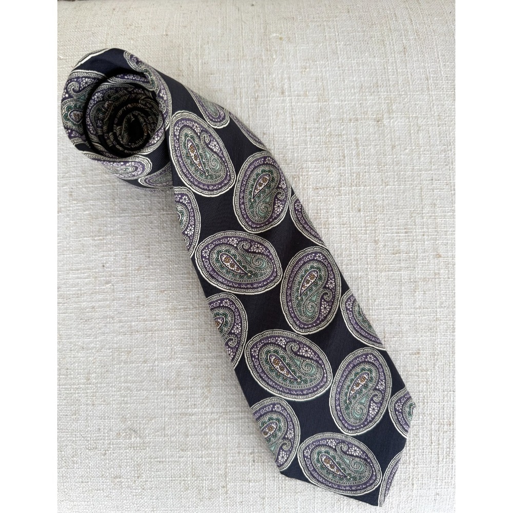 Liberty of London Mens Silk Tie Black Green Purple Paisley Made in USA Classic